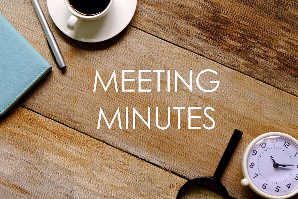 meeting minutes committee executive magnifying notebook pen clock written wooden cup coffee glass sc